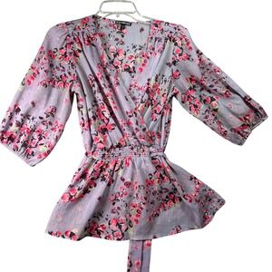 Express Boho Floral Metallic Wrap Blouse Smocked Waist Lavender Romantic XS